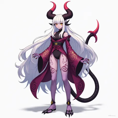 Female anime character A lilac-skinned demon with black markings shining in spirals on her back and thighs.  Her hair is white and falls in long waves to the ground .  Its horn is curved and sharp ,  with a wide base and a bright red tip .  Her eyes are go...