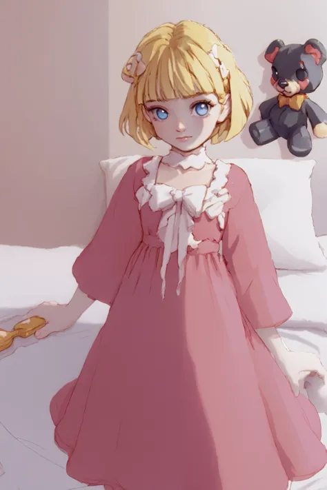 a very young ,cute cheeks Long dress in pink pajamas   、  Full image of a girl holding a teddy bear  ,   blue eyes、 Light pink room in the background  、 short hair, mystery,bow hair,  whole body,bed in the background 、 Blue eyes and  short hair ,quarto fem...