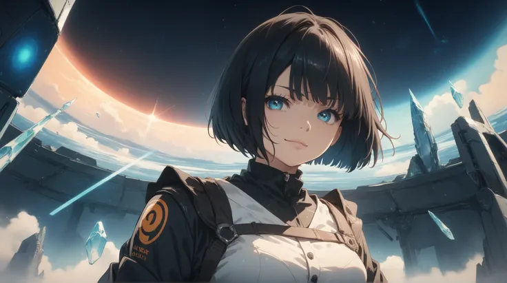 straight to front view of A futuristic anime girl with short, straight black bob cut hair cascading down her back, dressed in a sleek white button-up shirt with high-tech buttons that glow softly.  gazing at the viewer with a slight smirk. background space...