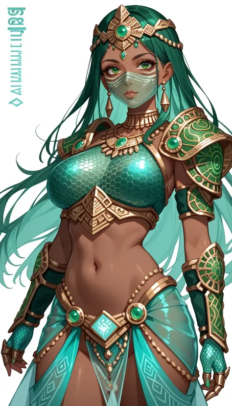 Solo, dark skinned girl, Intricate Green Malachite Mask, Intricate Green Malachite Headdress, ((Intricate Green Malachite Armor, Holographic Chainmail)), Tribal Makeup, Jeweled golden necklaces, Jeweled gauntlets, ((eye focus)), ((breast focus, crotch focu...