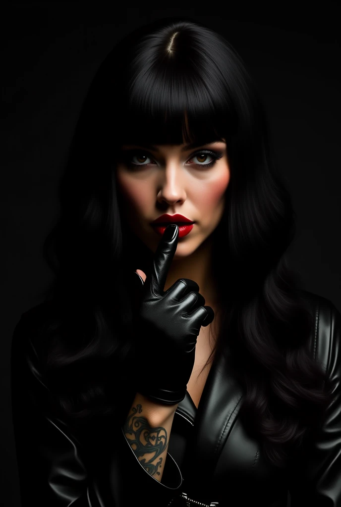 A woman of 41 , with very long black hair and wavy straight bangs, ,a wave covering part of your face  , parts, dilated tattoos on brown skin ,  thick red lips , black fitted unbuttoned leather jacket,fake tits, Black Leather Gloves,fingers on your lip,  h...