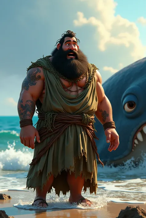 A highly detailed Disney-Pixar style character design of the prophet Jonah, a rugged adult man with a thick beard, wearing tattered ancient robes, covered in seaweed and ocean debris. His expression is a mix of awe and surprise as he stands next to a massi...