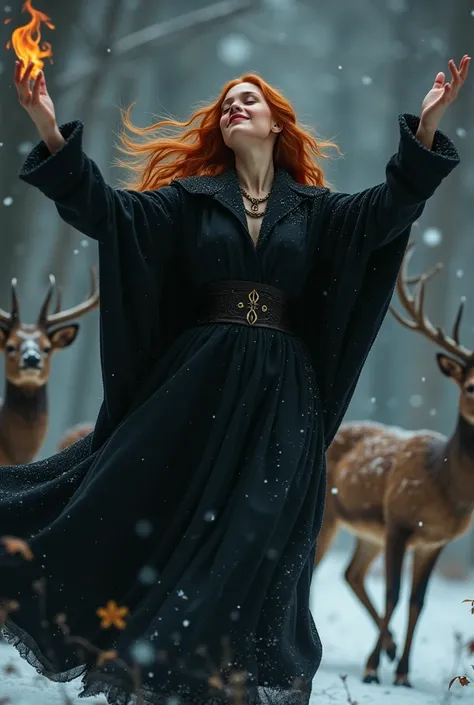  26 years old  seductive redblonde female Witch apprentice, winter, flames in brown eyes, black cloak, confident face, with Both Arms in the air she is dancing and have fun with deers, eyes are closed, Dark Atmosphäre, Sharp Focus 