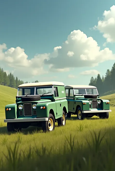 Two Series 3 Land Rovers in the field, with a big logo up in the sky that says Santana Motor