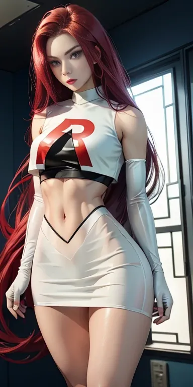   Jessy Pokemon Hair Combed Back ,  long hair, medium length red hair   ,   blue eyes transparent silk micro skirt from Team Rocket) transparent white skirt, micro crop top transparent high thighs , elbow gloves Athletic slim body big buttocks big breasts 