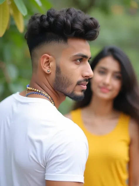  man in the foreground has side quiff curly hairstyle, featuring an undercut, and trimmed beard, fair and defined facial features.thin muscular build.named as Ravi,wearing white t shirt and jeans ,, a young woman wearing yellow sleevless dress with scoop n...