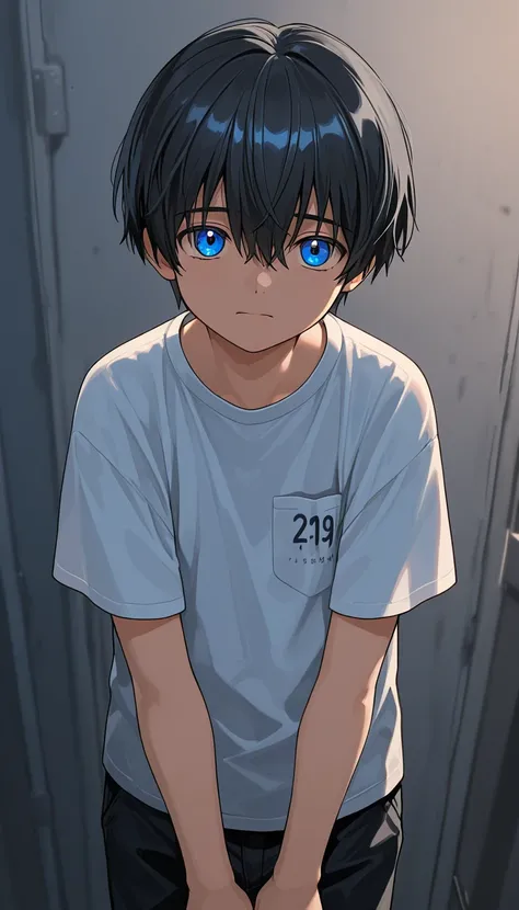 A 19 year old, young man, short jet-black hair, blue eyes, shirt.