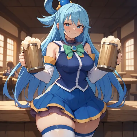1girl, solo, aqua \(konosuba\), long hair, blue eyes, hair ornament, very long hair, blue hair, hair rings, single hair ring, hair bobbles, medium breasts, wide hips, thick thighs, skirt, shirt, thighhighs, bare shoulders, detached sleeves, white thighhigh...