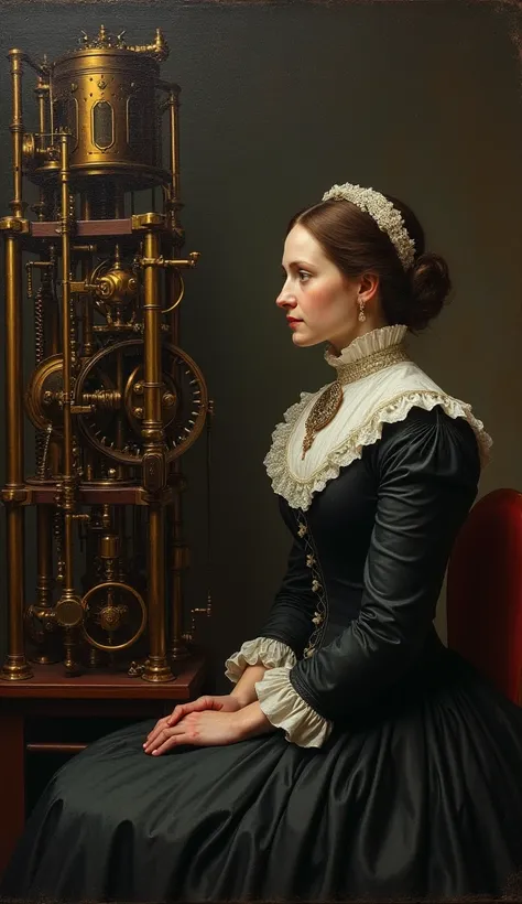 Ada Lovelace  sitting near Analytical Engine.