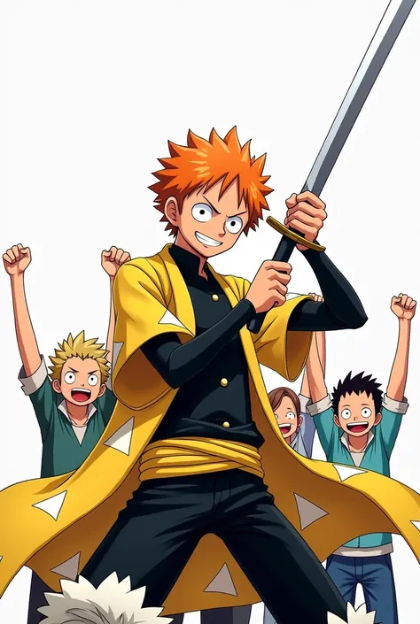 Image of a character from Mugiwaras from One Piece anime with spiky orange hair,  wearing a yellow haori with white triangle patterns , and a black uniform with white details .  The character is holding a sword with both hands .  The image must be drawn in...