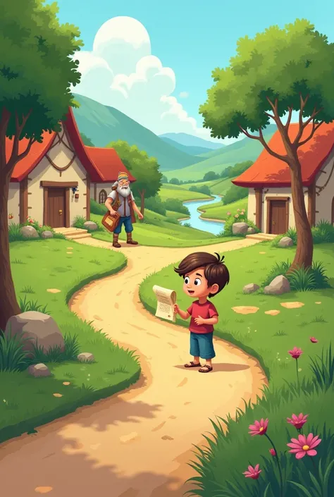 Key Visual Points for the Story (Illustration Ideas in English)

1. The Peaceful Village – A beautiful small village with green fields, a river, and a dirt road.


2. Robin, the Curious Boy – A young boy looking excited and curious, reading a book or obser...