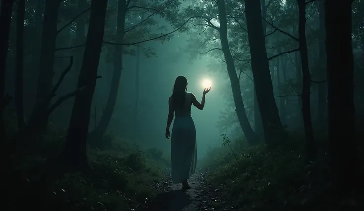 A woman walking through a dense forest, reaching out to touch a glowing, mystical stone hidden among the trees. As her fingers graze the surface, a faint light begins to glow, symbolizing the hidden potential within her that is about to be unlocked. The fo...