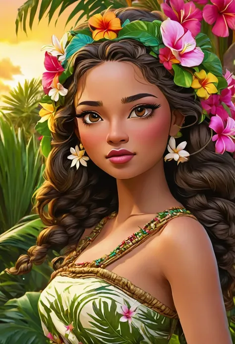 vestimenta tipica del hula hula, A beautiful hula dancer in a lush Hawaiian landscape, swaying gracefully in the tropical breeze, surrounded by vibrant flowers and palm trees, dramatic clouds in the sky, (best quality,4k,8k,highres,masterpiece:1.2),ultra-d...