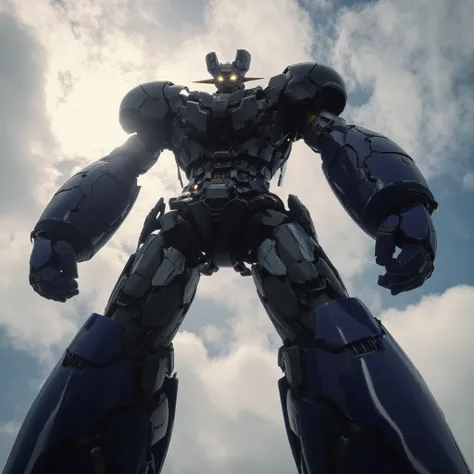  the huge Mazinger Z with its eyes shines and is full of power soars like a mountain,  it's an 800-meter-tall giant standing in a forward position . god々Shiny cumulonimbus clouds shine 　Thick arms　 thick legs　godか悪魔かわからない圧倒的迫力の巨大鋼鉄ロボットマジンガーZ　 natural light