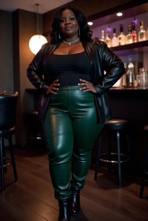  Extremely black woman with an extremely curvy 50-year-old body, extremely large hips ,  extremely big ass,  extremely thick legs ,  extremely thin waist,  clothes with real leather texture ,  wearing black leather blazer , wearing green leather pants, wea...