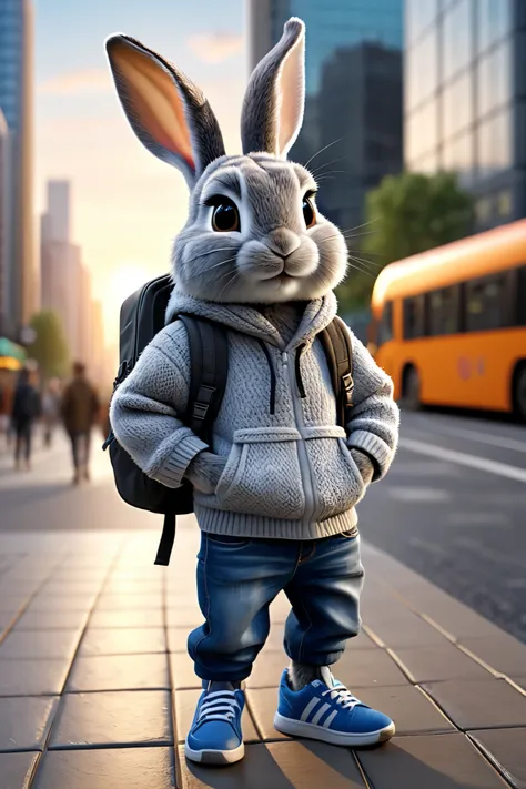 Very realistic anthropomorphic gray rabbit standing on two paws in a modern city setting. The rabbit has soft, detailed fur with natural texture, expressive large eyes and long ears that move with emotion. He is dressed in everyday city clothes: a cozy swe...