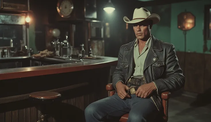 Marlon Brando as Unshaved Budd :  Sitting on a bar stool in a dilapidated place,  with a gun around his belt and a tired expression .  and white cowboy hat .retro 