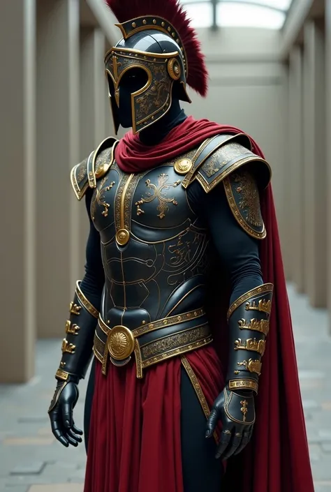 A super modern , without plates ,  that covers all parts of the body inspired by the armor of the ancient Romans with a Roman centurion helmet, Everything must be black , red , gold. 
