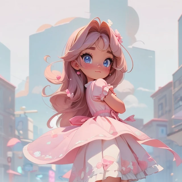 a close up of a cartoon girl in a pink dress, loli in dress, holding a pudica pose, cute anime waifu in a nice dress, anime styled 3d, small curvy loli, pudica pose, lineless, anime princess, dressed in a frilly ((ragged)), loli, anime barbie in white stoc...