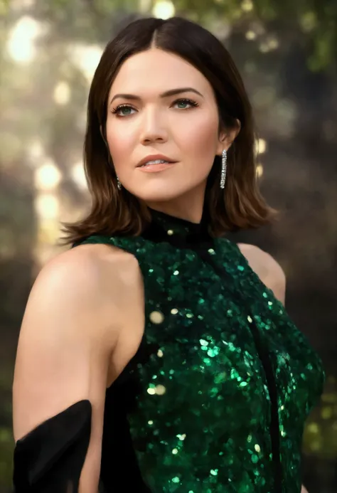 best quality, highres, 8k, masterpiece, photography, detailed midbody photorealistic portrait. Jade Jewels celebrates Mandy Moore's emerald glamour. Her jade silk dress accentuated with jewelled detailing radiates sophistication and opulence. She pairs it ...