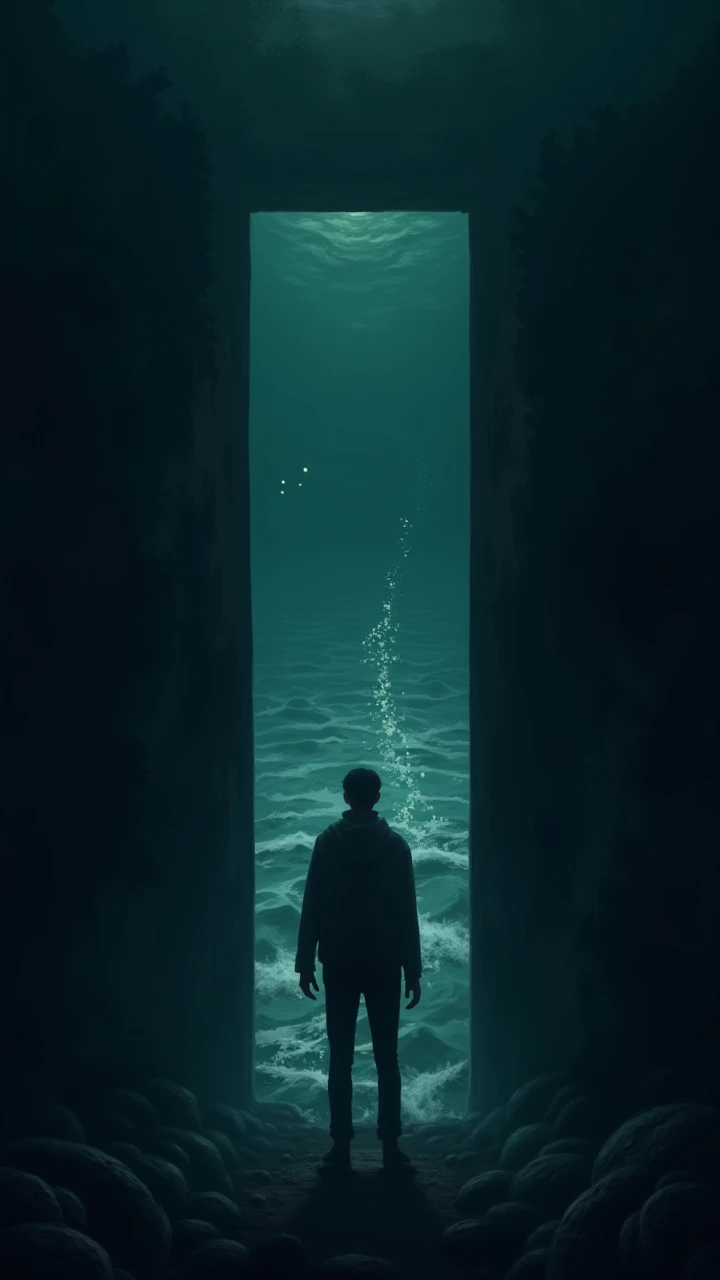 Patrick Estrela opens the door and faces the emptiness of the dark ocean.  Small glowing eyes seem to observe him in the distance, and a trail of bubbles appears out of nowhere .