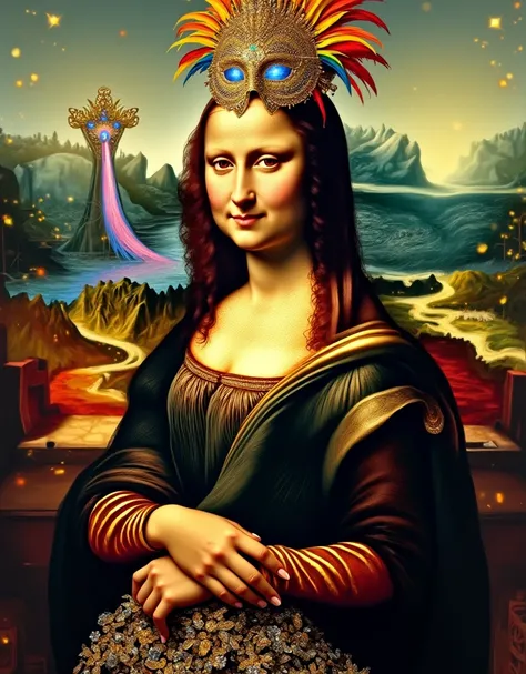 A surreal reinterpretation of the Mona Lisa immersed in Brazilian Carnival. She maintains her enigmatic smile, but is now dressed in a luxurious samba costume, covered in crystals, colorful feathers and gold details. Her head is adorned with a shiny headdr...