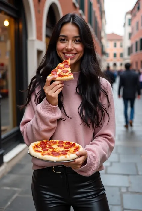  Beautiful girl,  black hair, long wavy,  smiling, Pose eating a piece of pizza ,  dressed in light pink sweater ,  black leather pants, booties, Wide angle, During the day in Venice , realistic,  foreground,  