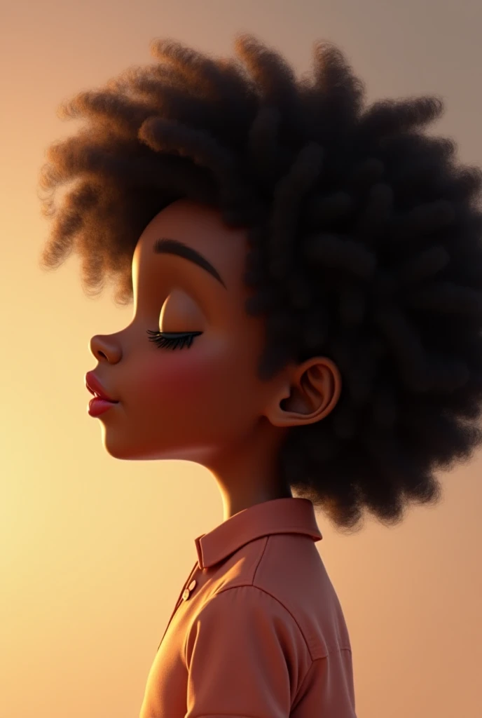 Girl test dark afro hair around the shoulders color black, Eyes closed Disney style realistic left profile giving a kiss to the air 