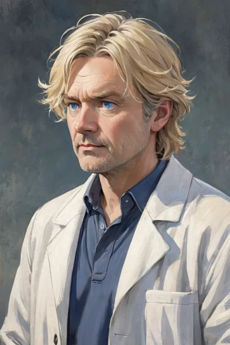 A middle-aged man. Warm blond hair, medium length and slightly disheveled. Blue eyes. Kind, curious look. Dressed in a light sweater and a white lab coat.