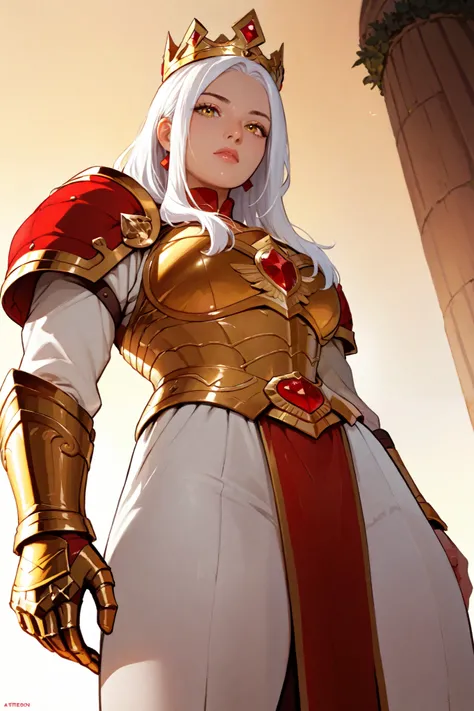 woman ,  with long white hair,  yellow eyes , wearing golden armor,  wearing a golden crown with red stones, Low-Angle Tracking Shot (Low Tracking)