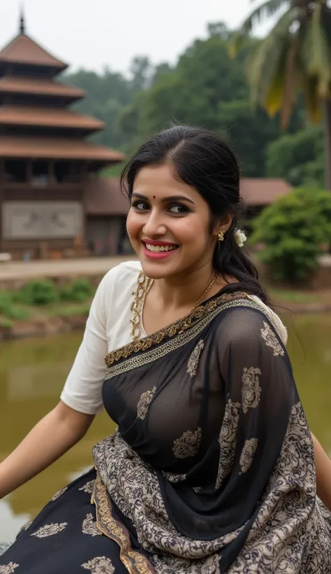 A malayali woman, curly wet hair, dressed in blqck and white designer saree and ethnic white blouse, dresses and her face have mud and dirt due to her work, curvy body, sitting in front of a kerala temple, curly hair, scenic village location in kerala, the...