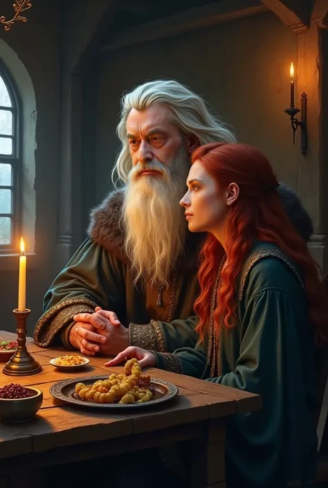 Masterpiece,wizard men in his 30s, white hair,white long beard,  with his 20 years old redblond female apprentice, flames in brown eyes,  black cloak, confident face, delicate detail. ultra details. highly detailed characters, dark atmospere, sideview, Sha...