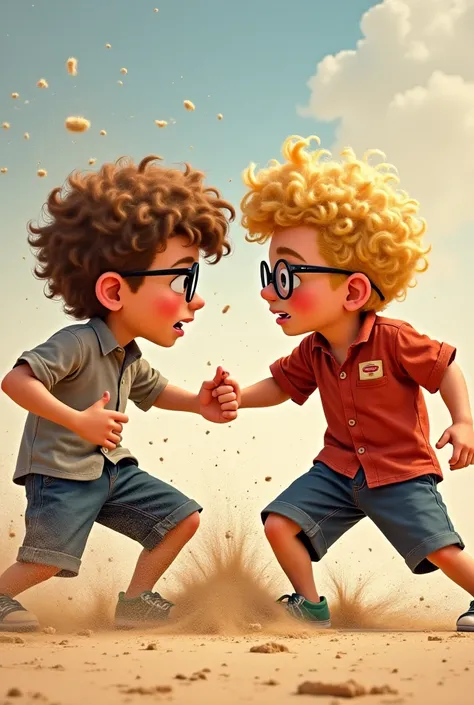 A boy with curly blond hair and glasses punches a  with straight blonde hair because he's throwing sand at him