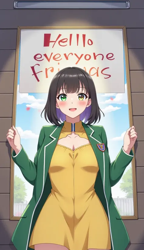 The girl is standing out of a poster that says "Hello everyone friends "  she is wearing a yellow dress her eyes are like a rainbow she is wearing the green uniform of a mysterious man