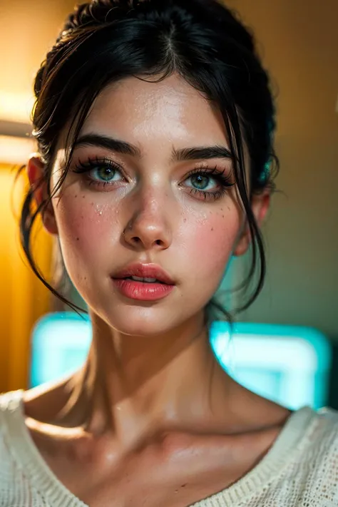 (((ultra realistic))) Photo, masterpiece, top quality, (pale skin), (Ultra detailed face and eyes:1.3), 1 girl in a T-shirt, (Eye makeup, mascara) , ((a close up of a woman holding a brush and a yellow sweater, beautiful aesthetic face, popular korean make...