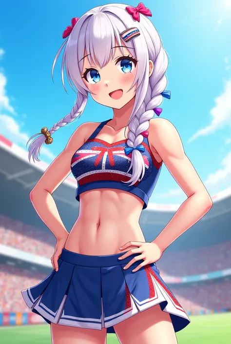 female cheerleader with long white hair in one braid, super hot, smile happily in anime style, blue eye, hair clips, sexy