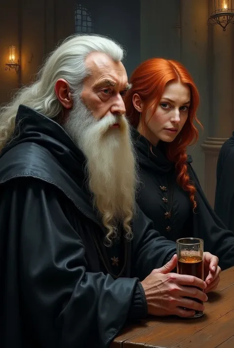 Masterpiece,wizard men in his 30s, white hair,white long beard,  with his 20 years old redblond female apprentice, flames in brown eyes,  black cloak, watching other guests, delicate detail. ultra details. highly detailed characters, dark atmospere, sidevi...