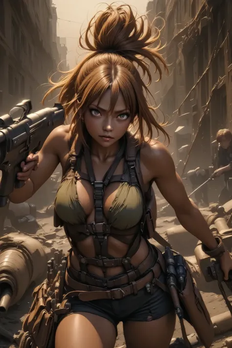  Beautiful Woman Shooting Enemies in the Apocalypse 、Walther P38、 Anatomically Accurate Firing   、 equipped with lots of tools on a tanned leather tool belt、Full Harness、 perfect eyes、Glossy brown skin 、Tattered clothes