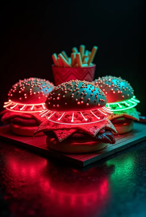 Make a black wallpaper with neon images of red and green pizzas and hamburgers
