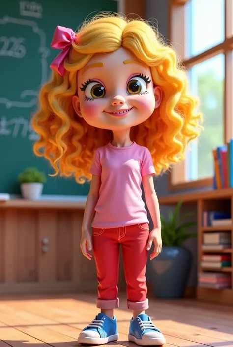  Create in the 3D cartoon style of a about s. She has curly hair and very light blond hair ,   a wide and charming smile .  Her expression conveys joy and sweetness .  She wears a casual shirt and comfortable pants ,  in vibrant colors such as pink ,  red ...