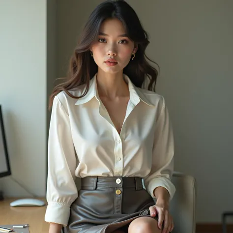 "An ultra-realistic fashion editorial image of an 18-year-old  secretary. she (randomly poses) for the camera. she is wearing a sexy white blouse and mini skirt, cleavage,  