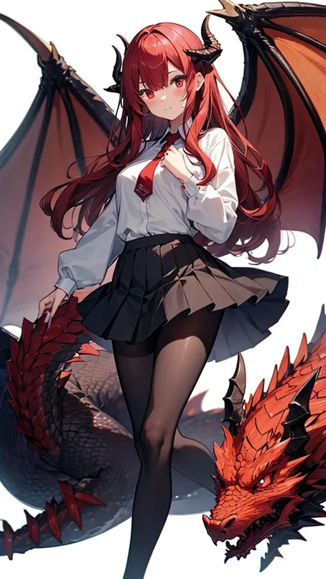 a girl, red hair, long hair, Chest(F), red eye,  black pleated skirt , Black pantyhose to skirt, Red Dragon's Tail, Dragon Horn