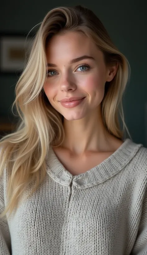 A very pretty attractive young woman from Scandinavia. She has a nice figure and a very very large bust. She's wearing a sweater. 4k photo She has a smile on her face. You can see the woman from the front. She has blue eyes