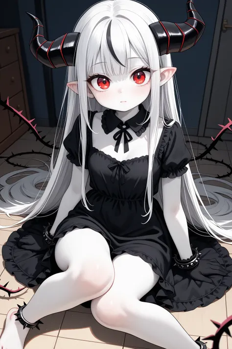  1 girl　Late Night　A dark ruined room 　2 short black horns on the head　 white hair　 semi-long straight hair 　 White Skin　 red eyes　big eyes　Short limbs　 Thin Hands and Feet　 barefoot　tattered white smog dress　collar with black thorns　black spiny anklet　thi...