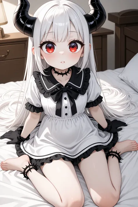  1 girl　Late Night　A dark ruined room 　2 short black horns on the head　 white hair　 semi-long straight hair 　 White Skin　 red eyes　big eyes　Short limbs　 Thin Hands and Feet　 barefoot　tattered white smog dress　collar with black thorns　black spiny anklet　thi...