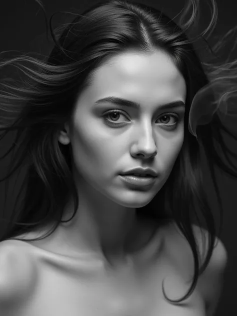 A surreal black and white portrait of a breathtakingly beautiful 20-year-old woman, with ethereal features and dreamlike elements. Her hair flows like water, and her face is partially obscured by abstract shapes or smoke. High detail, otherworldly atmosphe...