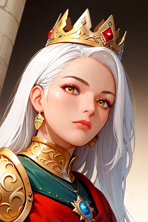 woman ,  with long white hair,  yellow eyes , wearing golden armor,  wearing a golden crown with red stones, Dutch Angle ( slanted Dutch angle )