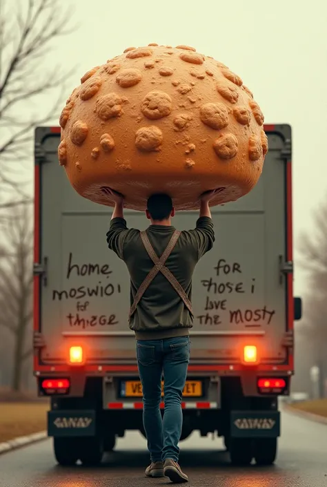 An image of a man carrying a big  sweet, on a truck,  write "Home Noswidi"  and  the   slogan  "for  the sake of those I  love the most" underneath 