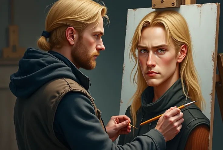 Nordic man , paints a self-portrait. brush in hand ,  In front of him, canvas , I can already see a part of his face. Slightly younger blonde, amber .