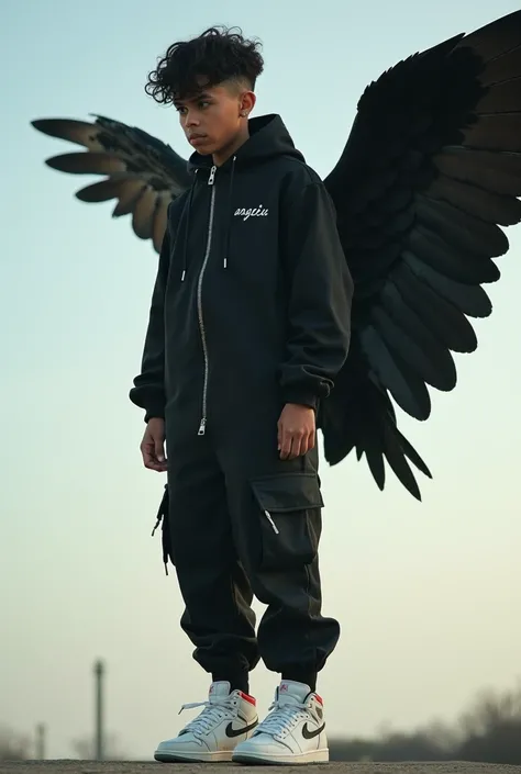 Cover for a trap album where there is an 18-year-old boy on the side dressed in a black Palm Angels jumpsuit with zip and Jordan shoes 1 x off white who flies with his wings and looks at the ground with the sky all black
